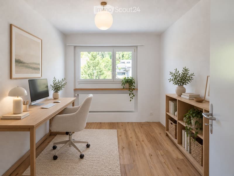 A modern, well-lit home office with a wooden desk, ergonomic chair, computer setup, and shelving unit with books and plants.
