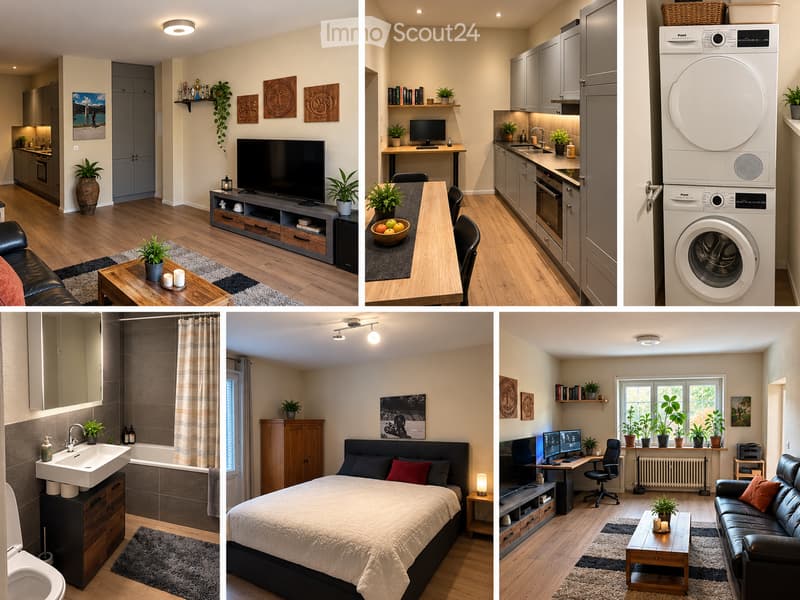 A collage of six images showcasing a modern, well-furnished apartment. The living room features a leather sofa, coffee table, TV, and decorative plants. The kitchen has grey cabinets, a dishwasher, and a washing machine. The bathroom includes a sink, bath