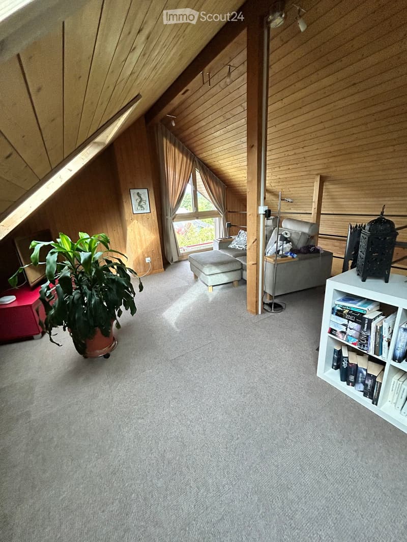 Cozy living room with wooden walls, carpeted floor, large window with curtains, sofa, ottoman, bookshelf, floor lamp, and potted plant.
