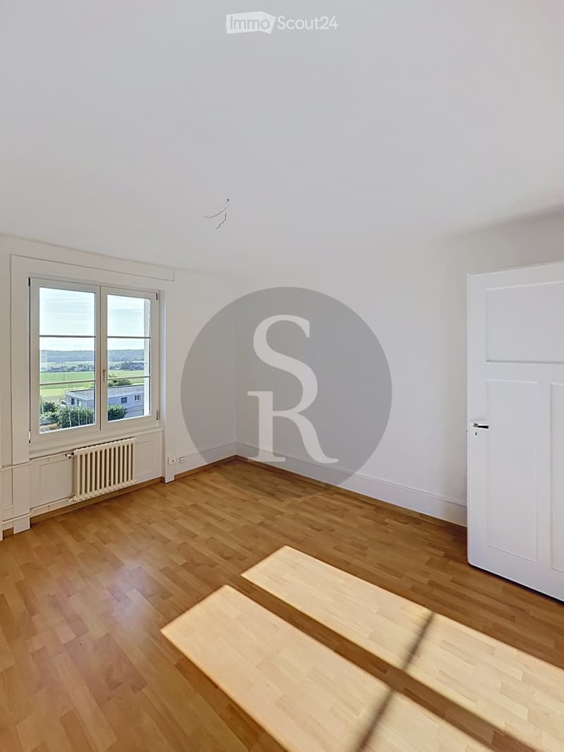 Empty room with wooden flooring, white walls, large window with view, radiator, and a closed door.