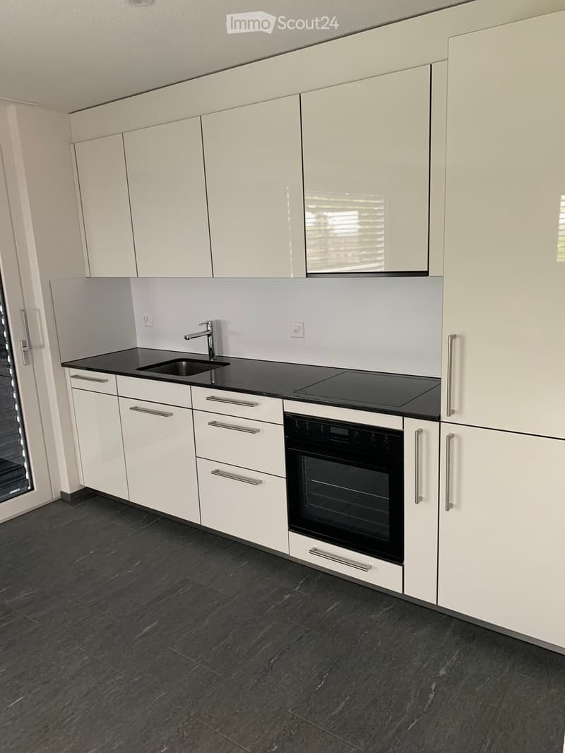 Modern kitchen with white cabinets, black countertops, and dark tiled flooring. Features a sink, faucet, oven, and induction cooktop.