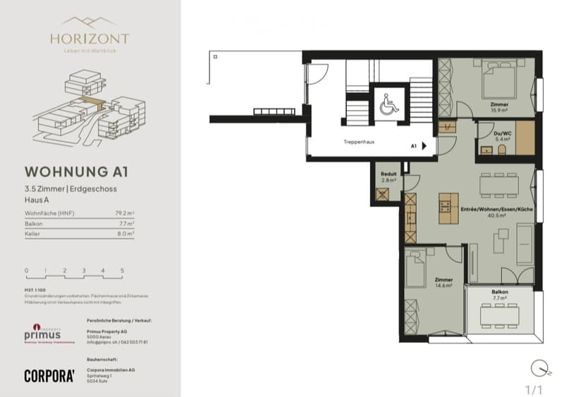 Floor plan of a 3.5-room apartment on the ground floor, including living/dining/bedroom, kitchen, bedroom, balcony, hallway, and bathroom.