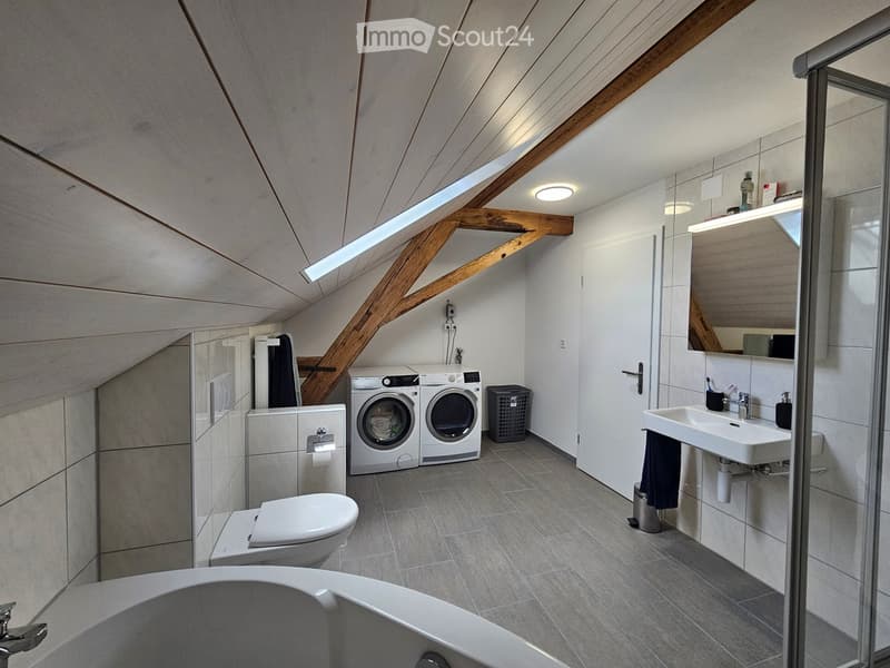 Modern bathroom with skylight, exposed wooden beams, white fixtures, and a private washing machine and dishwasher.