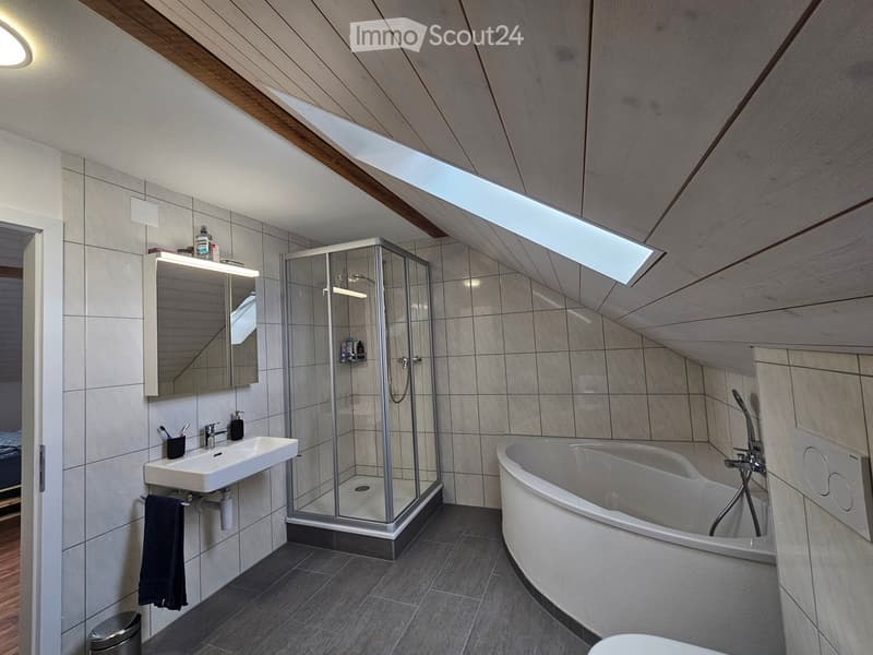 Modern bathroom with a bathtub, shower, sink, and mirror. Features a skylight window and wooden ceiling beams.