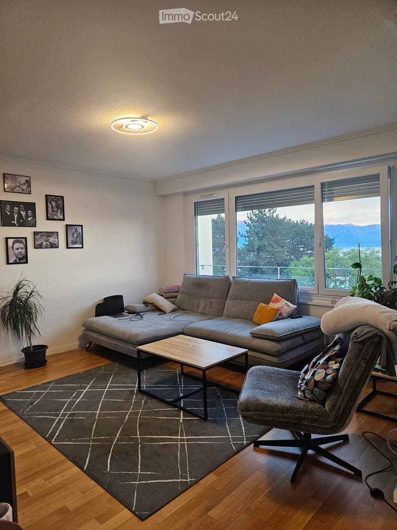 Modern living room with large windows offering a scenic view, featuring a grey sectional sofa, wooden coffee table, armchair, and decorative rug.