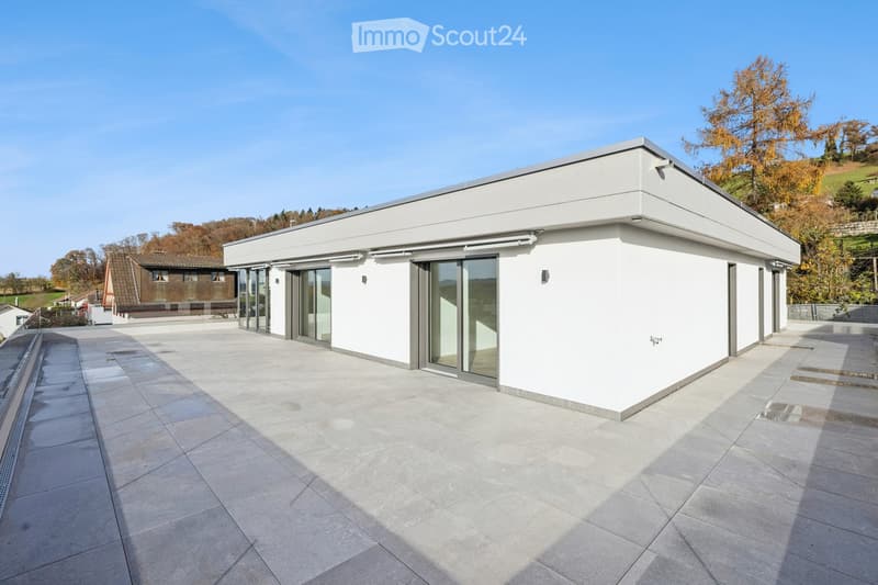 Modern building with glass walls, large patio area, grey tiled floor, roof terrace, and surrounding greenery