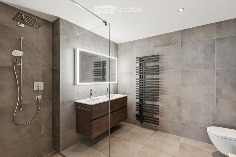 modern style bathroom, tiled walls, showerhead, shower rail, vanity, double sink, mirror, radiator, toilet
