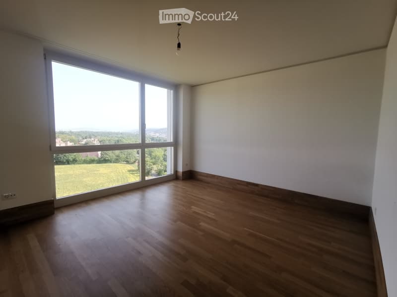 Empty room with wooden flooring, large windows offering a view of greenery and distant buildings, white walls, and a single hanging light fixture.