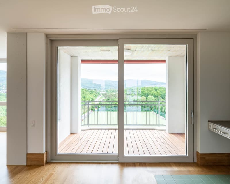 Empty room with wooden flooring, large sliding glass doors leading to a balcony with wooden decking and metal railing, visible landscape beyond.