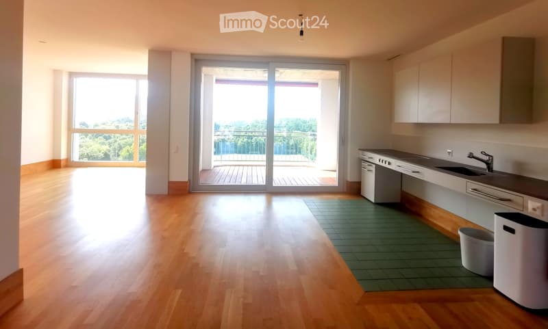 Bright, unfurnished room with wooden flooring, large windows, and a sliding glass door leading to a balcony. Minimalist design with white walls and a small kitchen area visible.