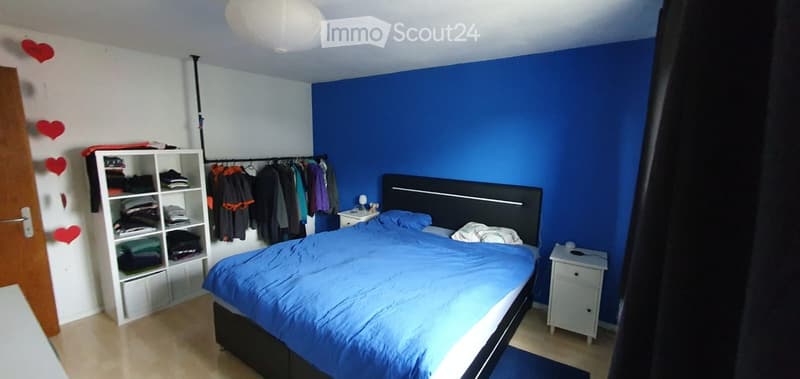 A modern bedroom with a large bed, blue bedding, a nightstand, a wardrobe, and a shelf unit. The walls are painted in blue and white, and the floor is light-colored wood.
