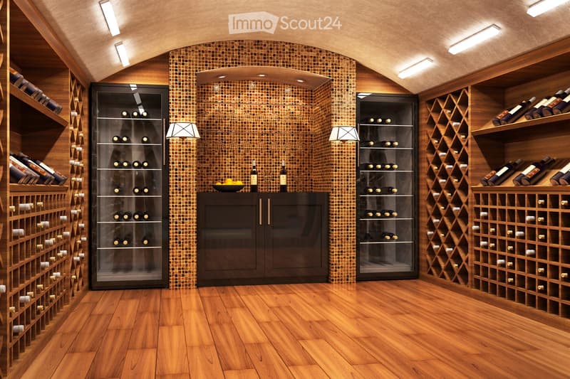 Wine cellar with wooden floors, glass wine cabinets, wooden racks, and decorative lamps.