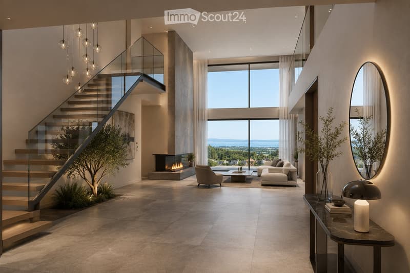 Modern living room with large windows offering a scenic view, a fireplace, a staircase with glass railing, and contemporary furniture including a sofa, armchair, coffee table, and decorative items.
