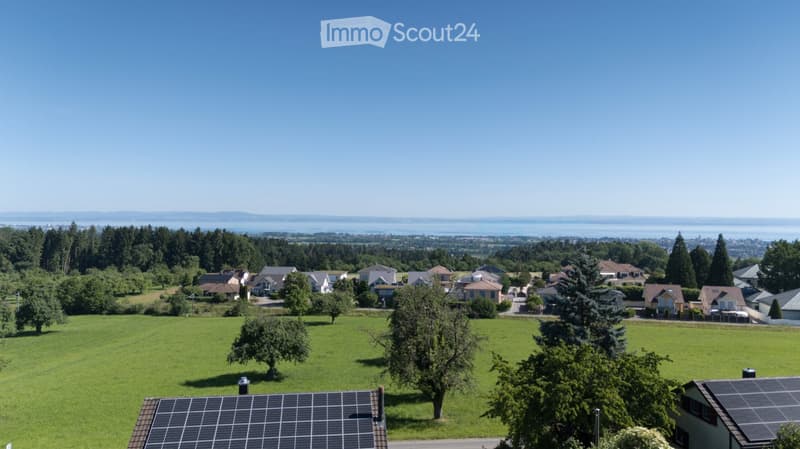 A panoramic view of a suburban neighborhood with houses, green lawns, trees, and a distant body of water under a clear blue sky.