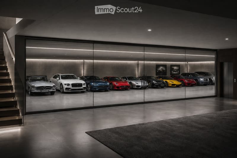 {"type": "Garage", "objects": [], "description": "Modern, spacious garage with polished concrete floors, sleek glass walls, and a staircase leading upwards. Several luxury cars are parked inside, including a Mercedes-Benz, Bentley, and several sports cars