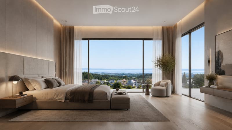 Modern bedroom with large windows, a large bed, nightstand, lamp, ottoman, armchair, side table, and a view of the landscape.