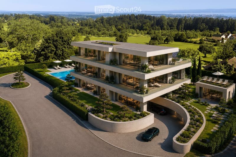 Modern two-story house with large windows, balconies, swimming pool, and landscaped garden.
