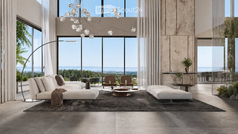 Modern living room with large windows offering a scenic view, featuring a white sectional sofa, ottoman, coffee table, floor lamp, and several chairs.