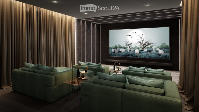 Modern home theater with plush green sofas, coffee tables, wine bottles, and a large screen displaying a spooky scene.