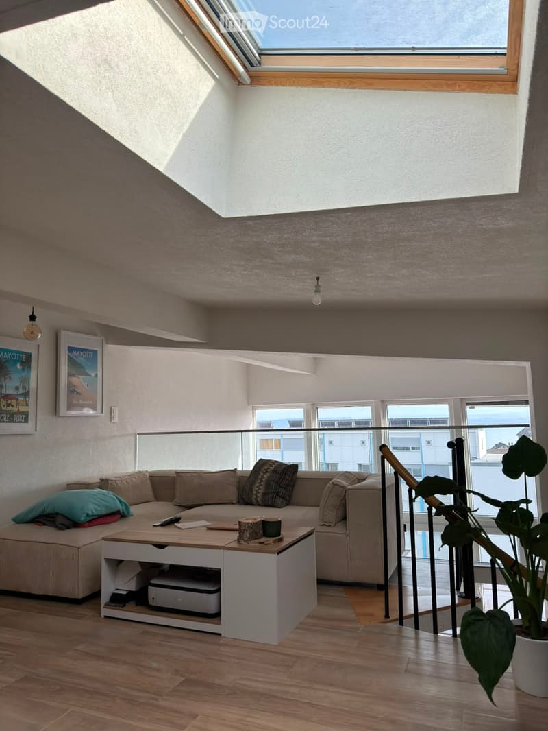 Modern living room with a sectional sofa, coffee table, printer, and potted plant, featuring large windows and a skylight.