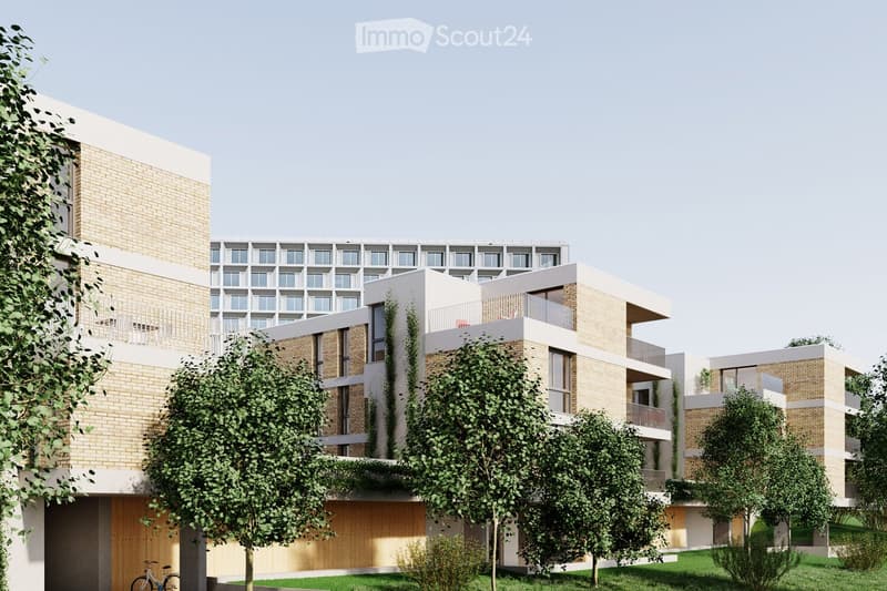 Modern multi-story residential building with a mix of brick and white facades, balconies, and surrounding greenery including trees and shrubs.
