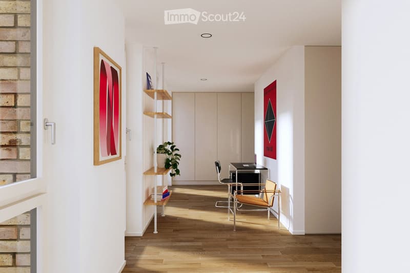 Modern hallway with wooden flooring, white walls, built-in closet, and contemporary furniture including a chair, table, and shelving unit with books and a plant.