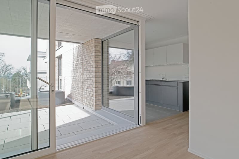 Modern kitchen with light wooden flooring, grey cabinets, and a sleek sink. Large glass sliding doors open to a patio area with a brick pillar and outdoor seating.