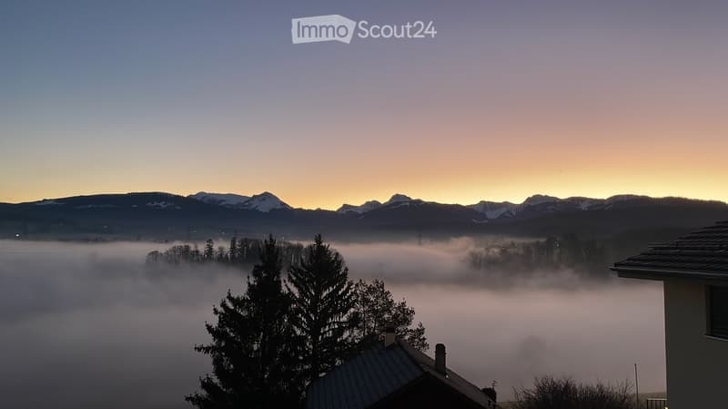 A serene view of a house with a metal roof, surrounded by trees, overlooking a misty valley and snow-capped mountains at sunrise.