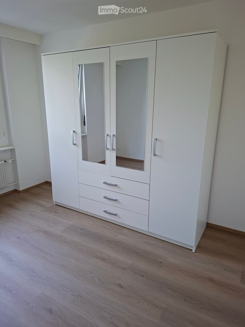 Empty room with light wooden flooring and white walls, featuring a large white wardrobe with mirrored doors and drawers.