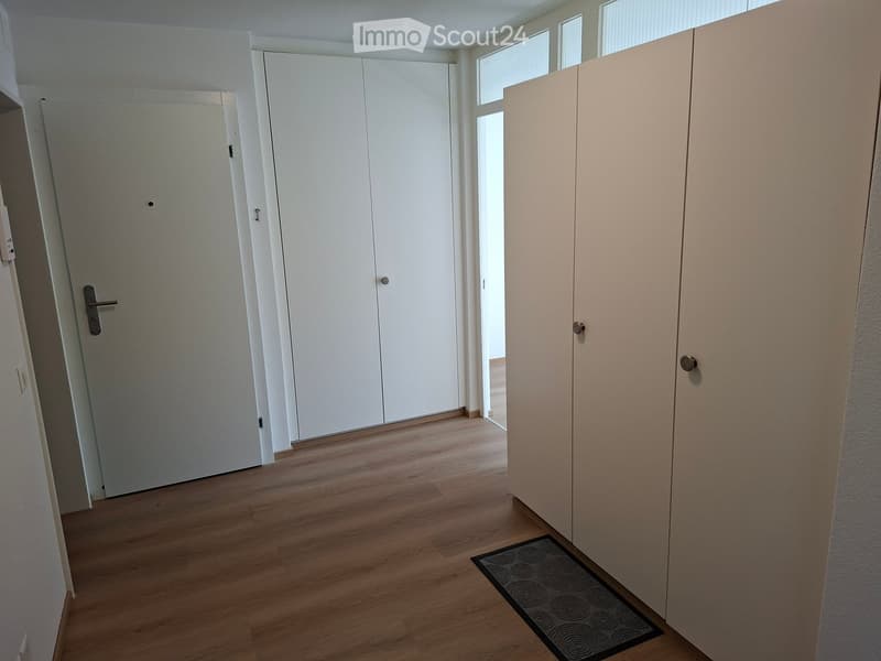 Empty hallway with wooden flooring, white walls, and a small patterned rug near a closed door.