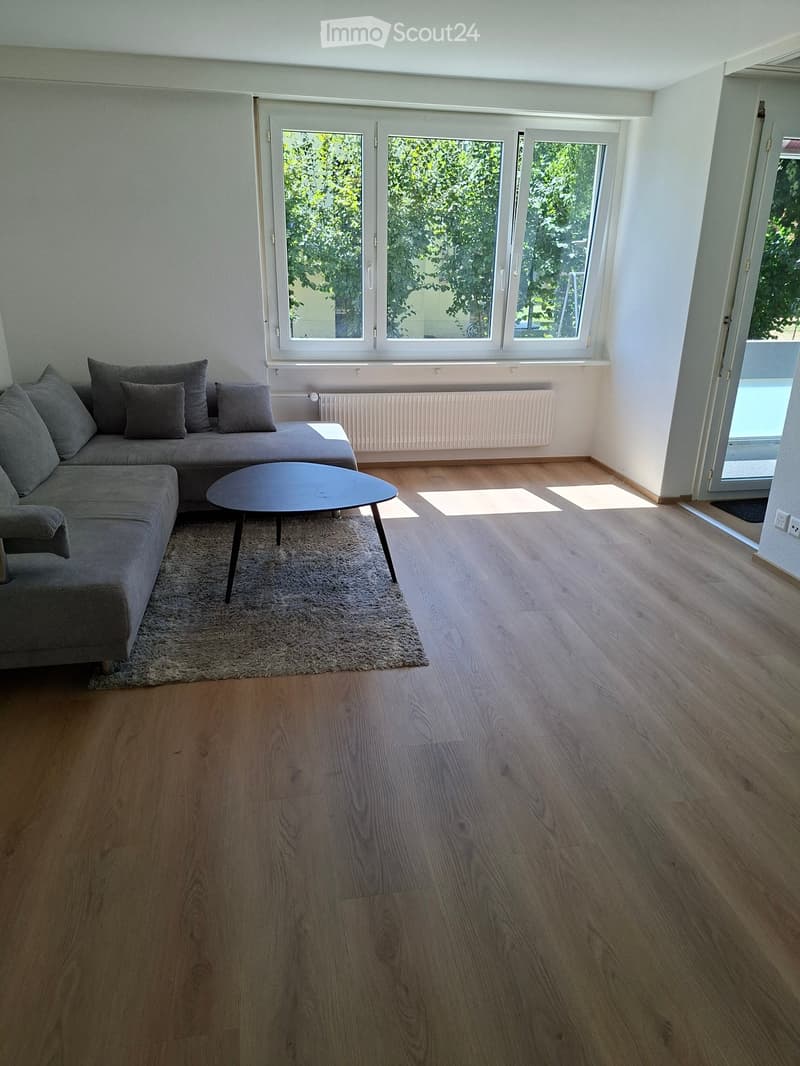 Modern living room with light wooden flooring, grey sectional sofa, coffee table, and a small rug. Large windows with white frames and a sliding glass door leading outside.