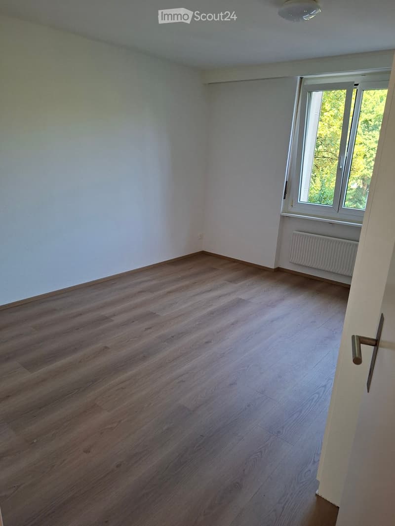 Empty room with light wooden flooring, white walls, and a window with white frame. A radiator is visible below the window, and a door is seen on the right side.