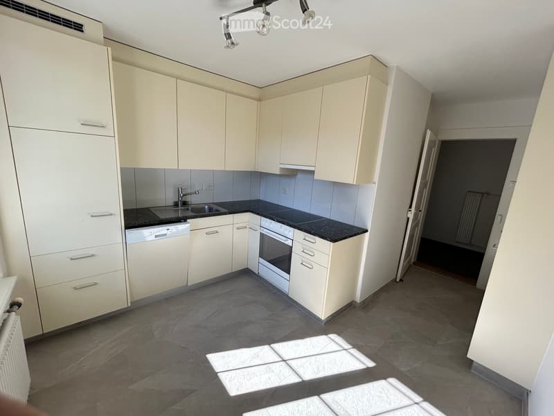 Modern kitchen with white cabinets, black countertops, and stainless steel appliances. Features a sink, faucet, oven, and dishwasher.