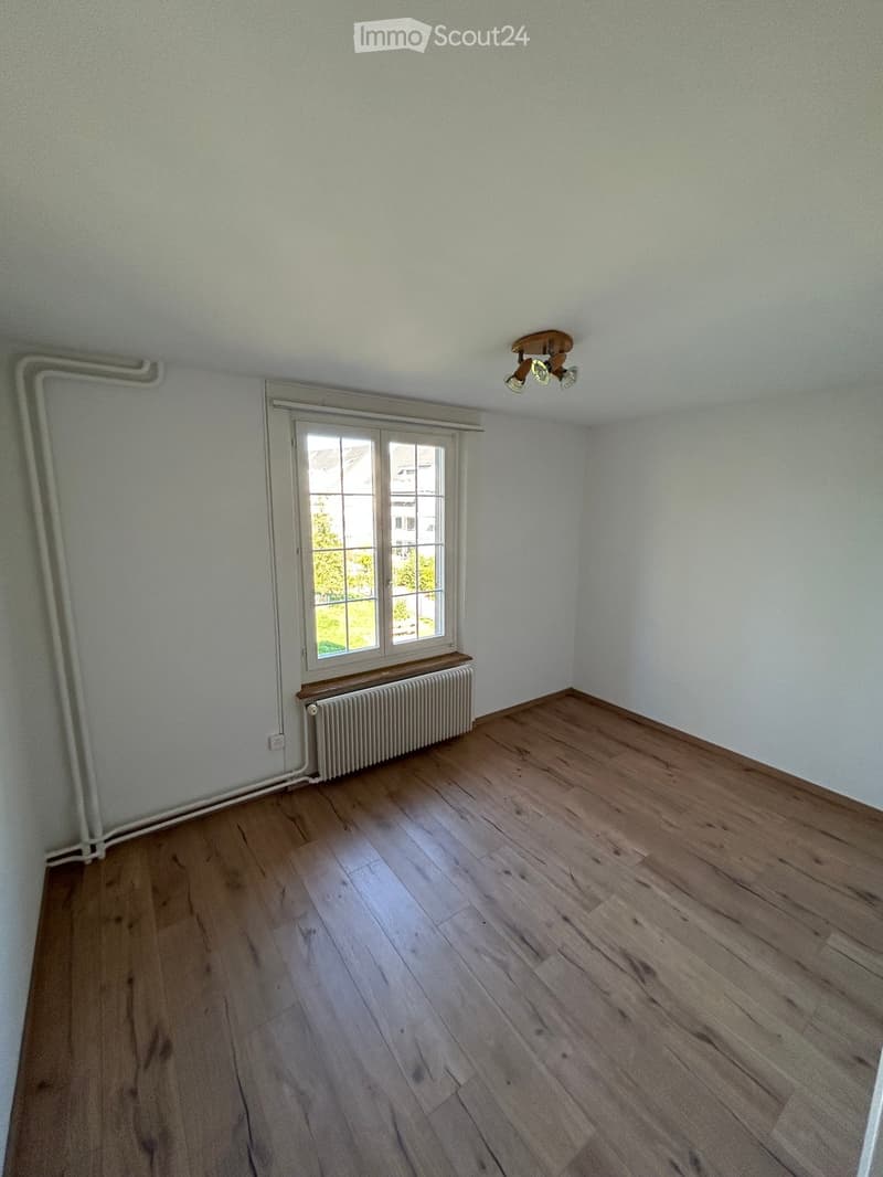 Empty room with wooden flooring, white walls, a window with a radiator below, and a ceiling light fixture.