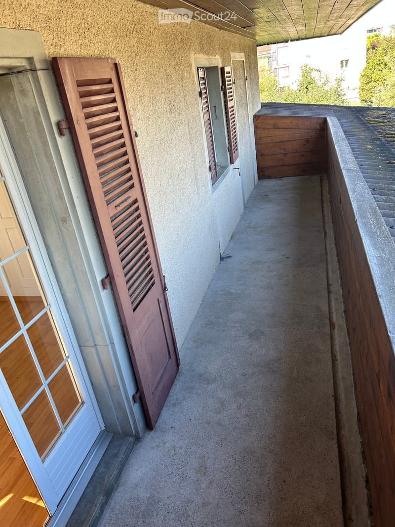 A narrow concrete hallway with wooden shutters on one side and a wooden door on the other, leading to an outdoor area.