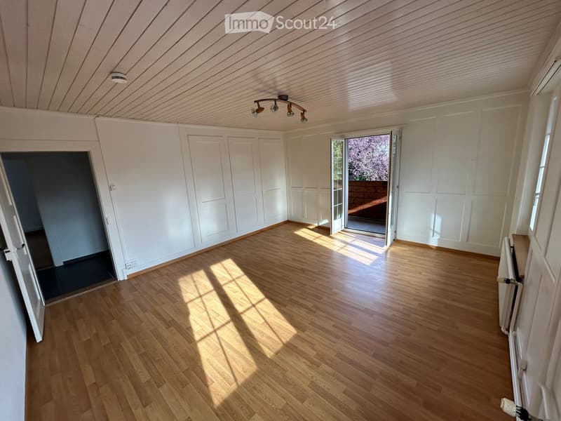 Empty room with wooden flooring, white walls, and a slanted wooden ceiling. Features include a large open doorway leading outside and a track light fixture on the ceiling.