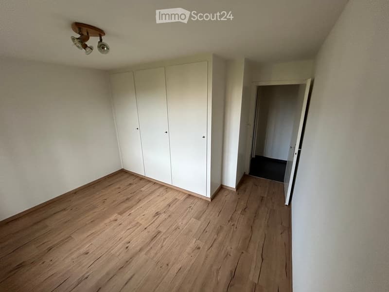 Empty room with wooden flooring, white walls, and a built-in wardrobe. A doorway leads to another room.