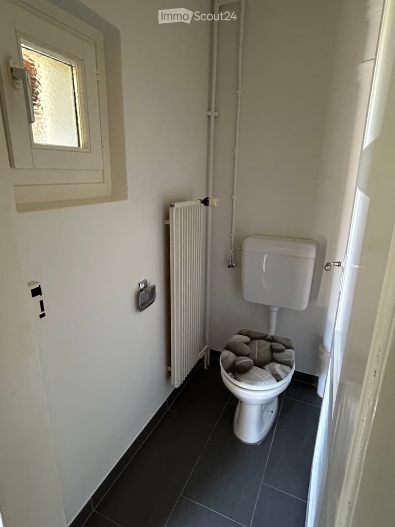 Small bathroom with white walls, black tiled floor, toilet with a stone seat cover, radiator, and a window with shutters.