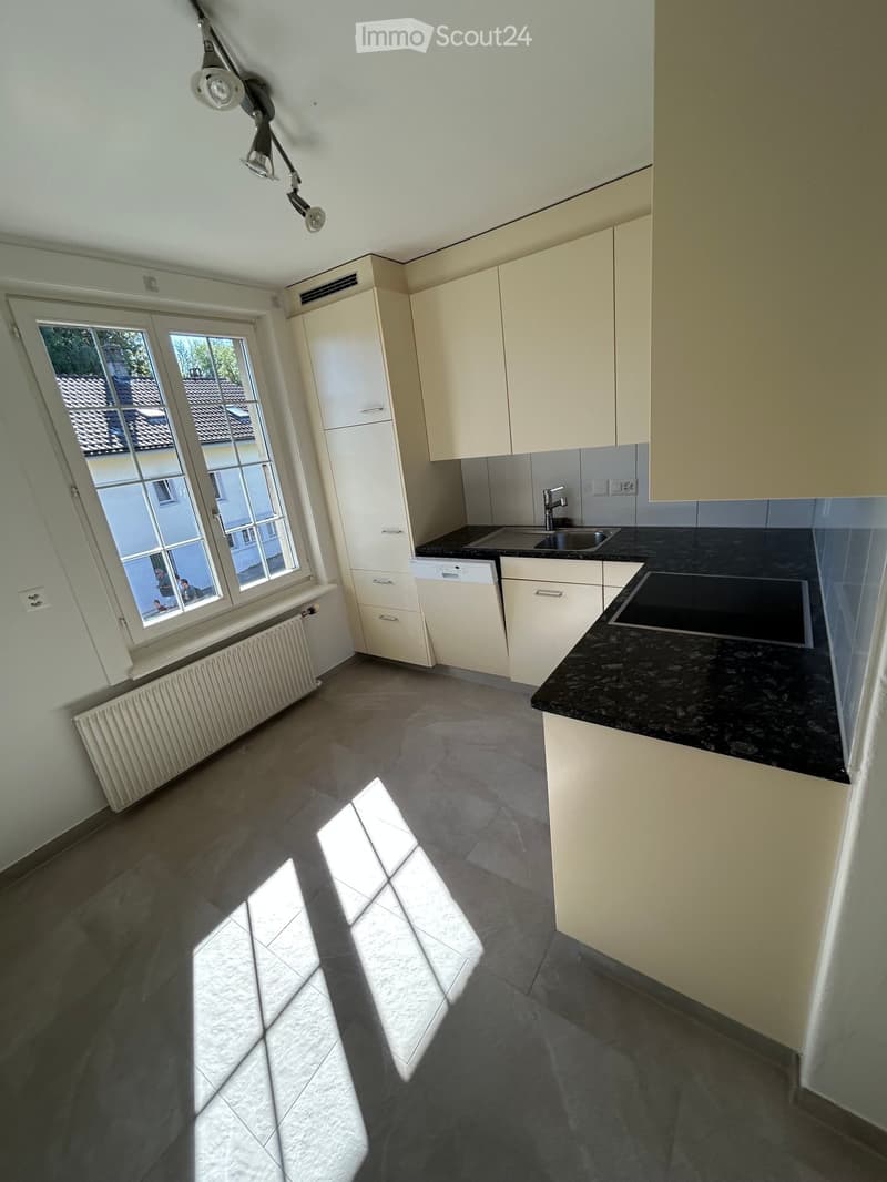 Modern kitchen with white cabinets, black countertop, sink, dishwasher, and large window letting in natural light.