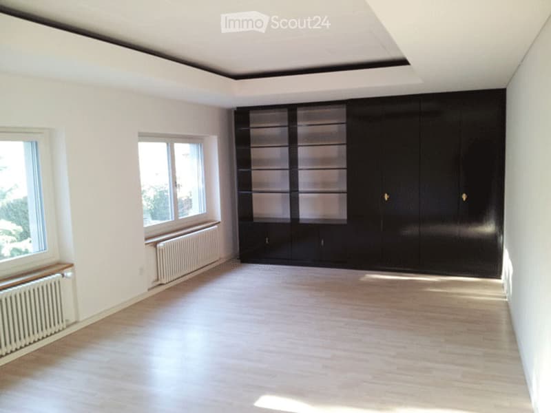 Empty room with light wooden flooring, white walls, large windows, and built-in black cabinetry.