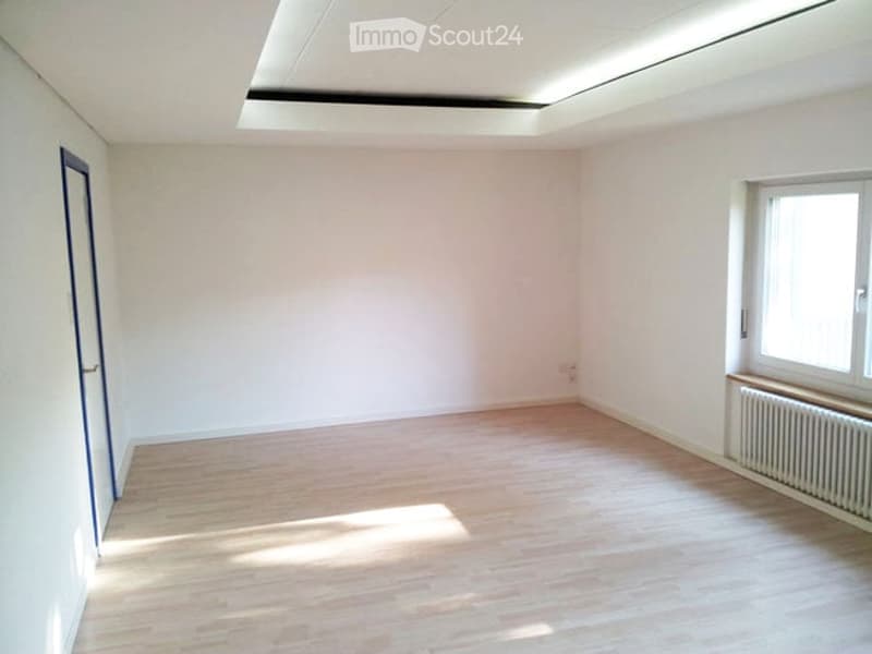 Empty room with light wooden flooring, white walls, and a single window with a radiator below it. The room has a simple, clean design with no furniture or decorations.