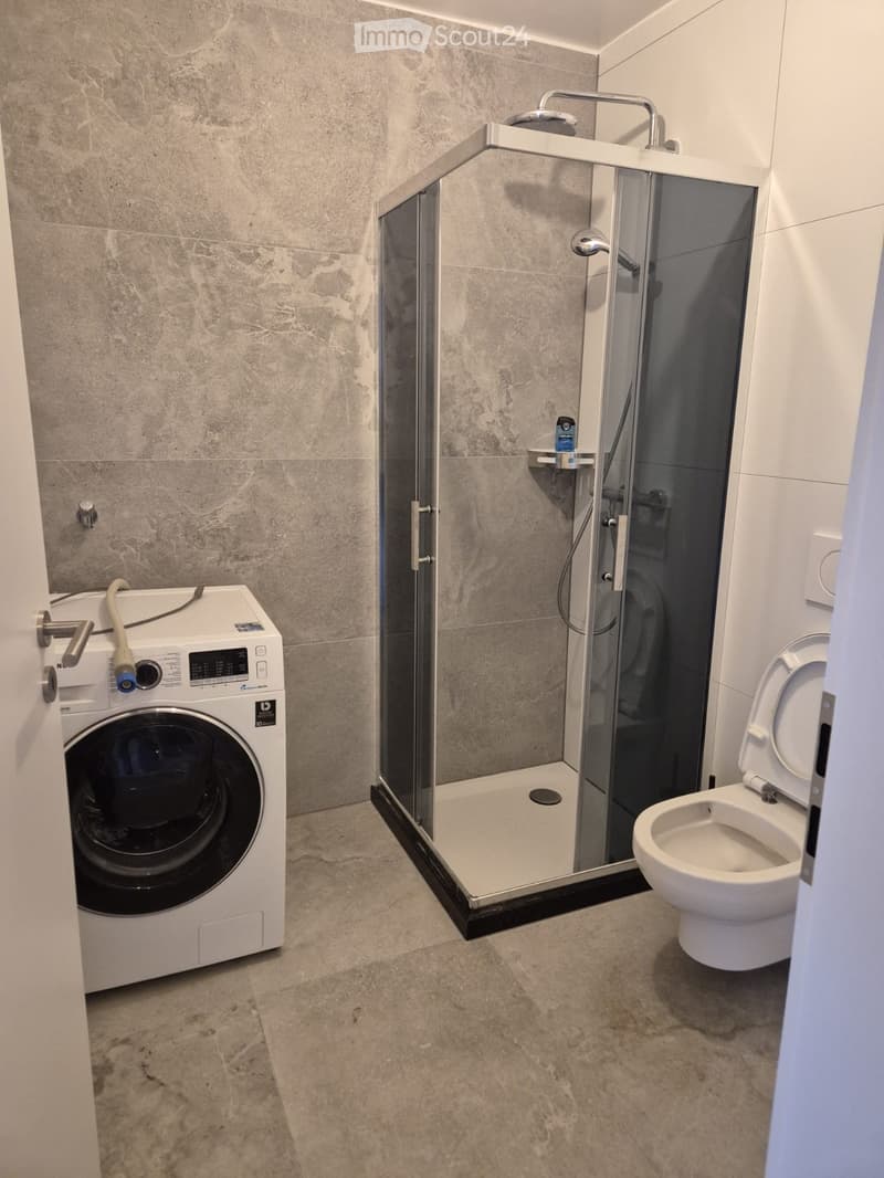 Modern bathroom with a washing machine, toilet, and walk-in shower with glass enclosure.