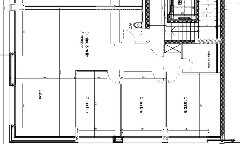Floor plan showing a salon, three bedrooms, a kitchen & dining area, and a bathroom.