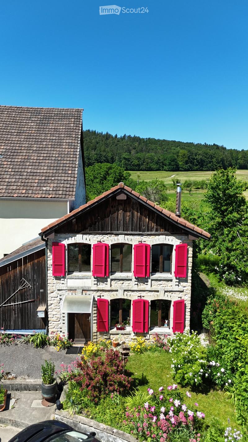 A charming stone house with red shutters, surrounded by a well-maintained garden with colorful flowers and greenery. The house features a pitched roof and a small porch with a wooden door.