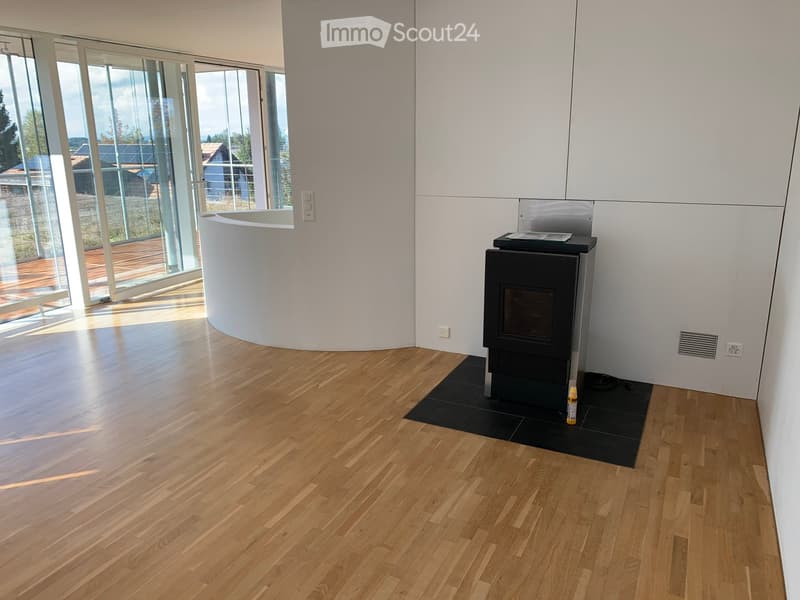 Modern living room with wooden flooring, large glass windows, and a fireplace.
