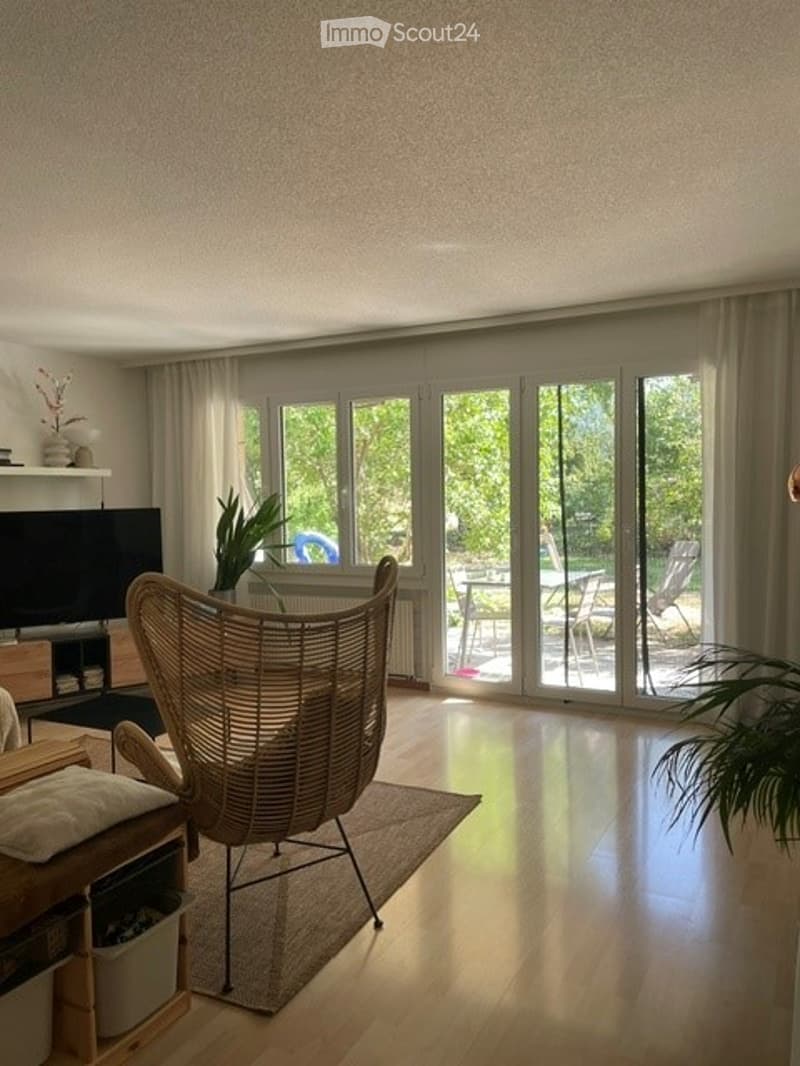 Bright living room with large windows and sliding glass doors leading to a patio. Features a wicker chair, coffee table, TV, and plants.
