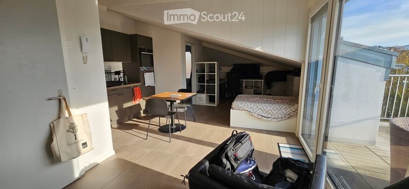 Modern, compact studio apartment with a bed, sofa, dining table, chairs, and a small kitchen area. Large windows offer a scenic view.