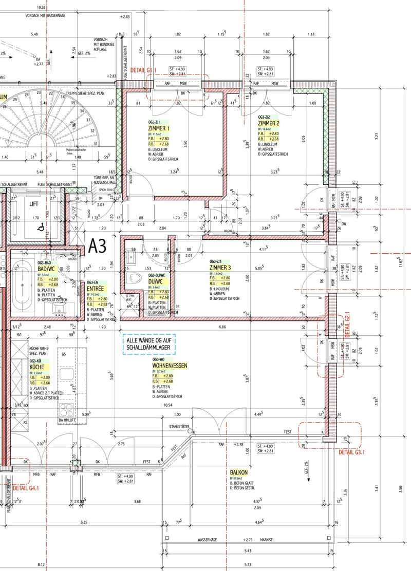 Floor plan of a residential unit showing rooms including a kitchen, living/dining area, three bedrooms, a bathroom, and a balcony. Includes detailed measurements and annotations.