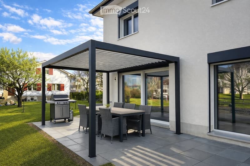 A modern patio area with a pergola, a dining table with six chairs, and a grill, connected to a house with large glass doors.