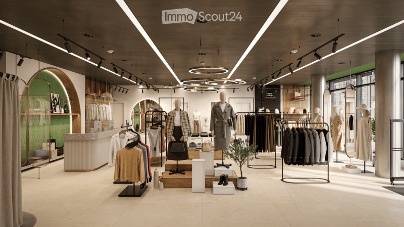 Modern clothing store interior with clothing racks, mannequins, display stands, and a counter. Features large windows, modern lighting, and a potted plant.